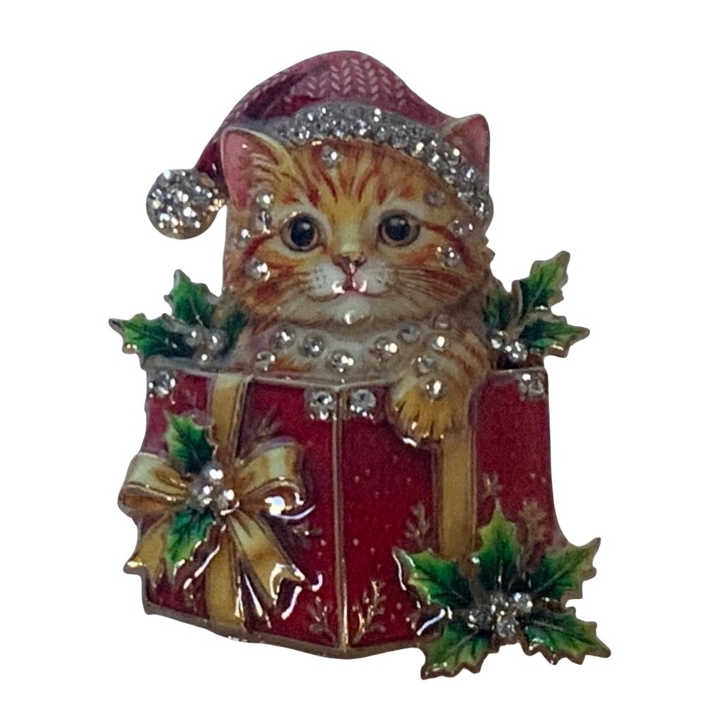 Christmas Cat Enamel Brooch Rhinestone Kitten in Gift Box Holiday Pin Gold Tone